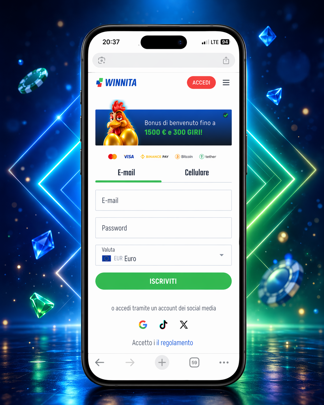 Modulo di registrazione Winnita con apertura account e controlli iniziali