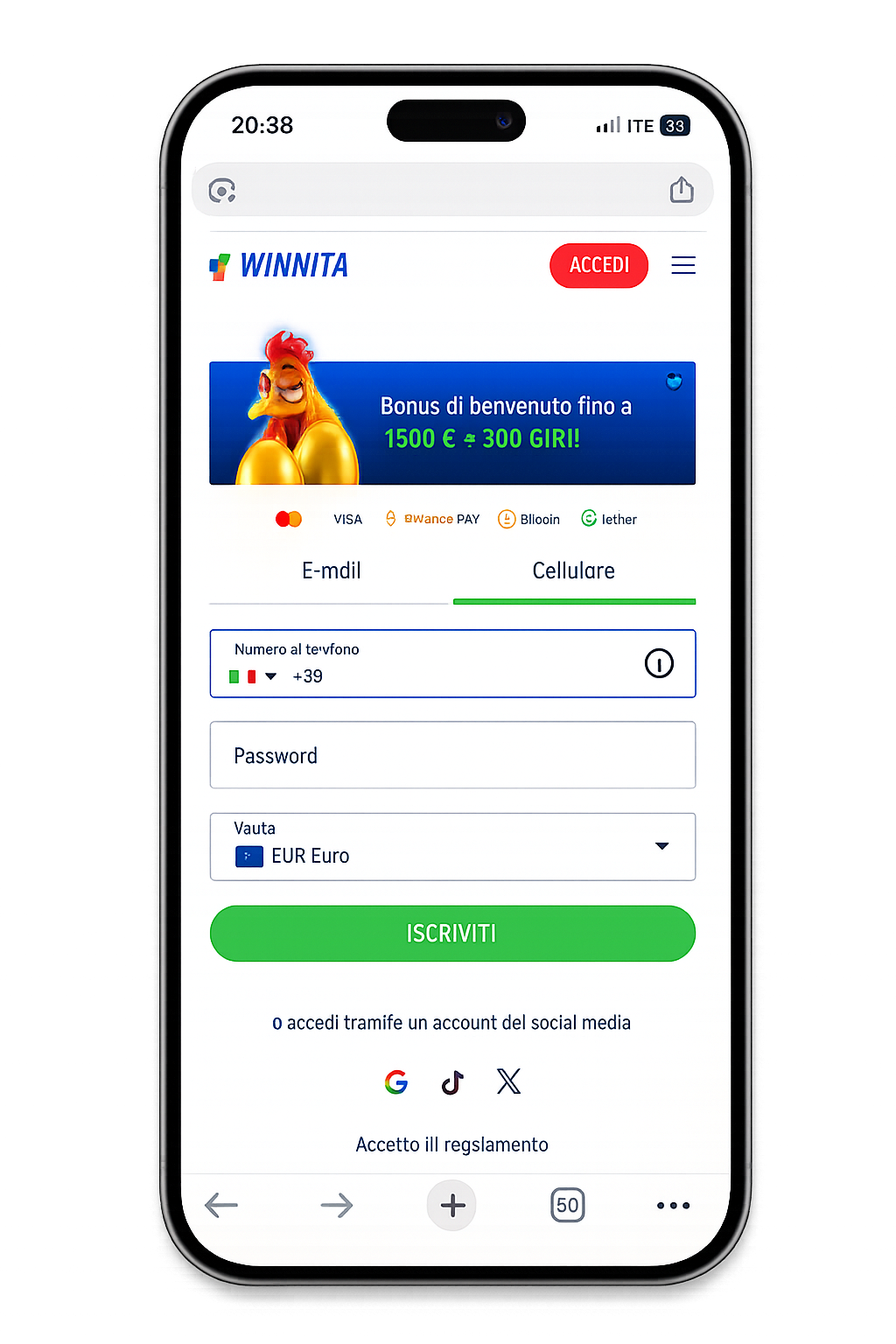 Schermata di accesso Winnita con campi login e opzione di recupero account