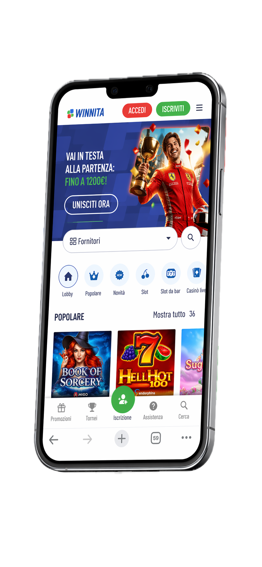 Interfaccia mobile di Winnita Casino mostrata in uno smartphone mockup